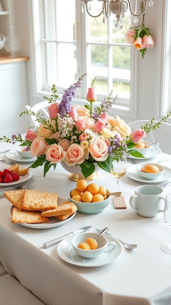 A festive brunch table with flowers, pastries, and mimosas for a 30th birthday celebration.